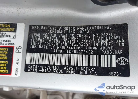 2013 Toyota Camry Le z USA, uszkodzony, nr VIN 4T1BF1FK3DU276432